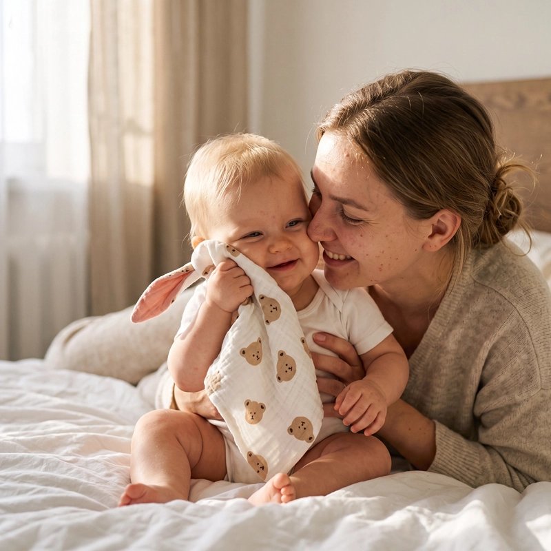 Doudou bébé avec maman sur le lit de la chambre parentale ils sont sur le couvre lit moelleux et bébé caresse la doudou avec sa joue et soutit