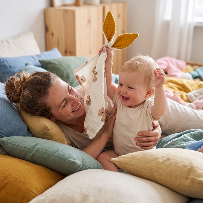 Doudou bébé avec maman sur le sol avec plein de coussins confortables et bébé qui tient sa doudou et rigole