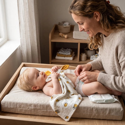 Doudou bebe bébé fait changer sa couche dans chambre du bébé par maman en tenant sa doudou douce et maman qui lui sourit tendrement