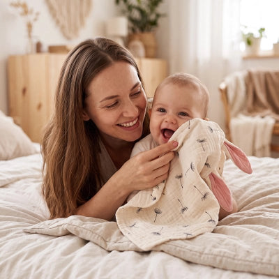 Doudou bebe bébé qui tient bien sa doudou et maman qui tient bébé ils qui rient sur le lit de la chambre