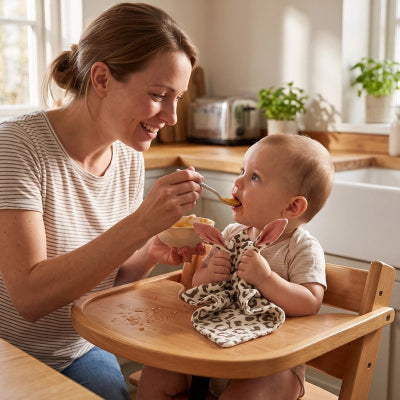 Doudou bebe bébé tient sa doudou pendant que maman lui donne à manger dans sa chaise haute dans la cuisine