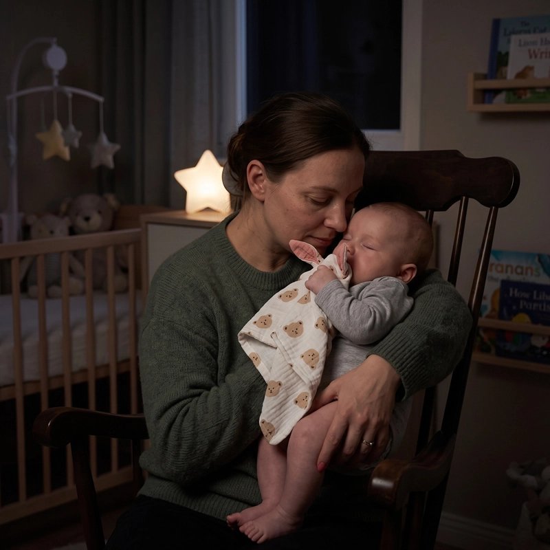 Doudou bébé dort dans paisiblement les bras de maman avec sa doudou à oreille à motif de tête d'oursons qu'il tient contre son visage