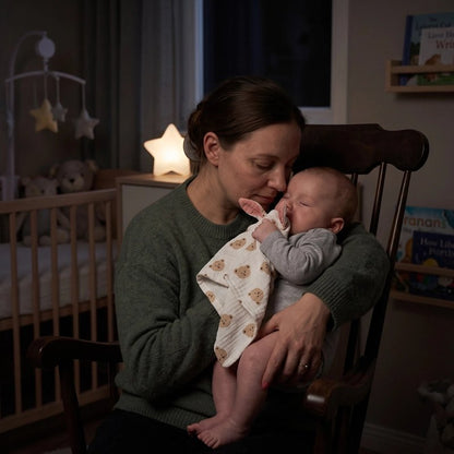 Doudou bébé dort dans paisiblement les bras de maman avec sa doudou à oreille à motif de tête d'oursons qu'il tient contre son visage
