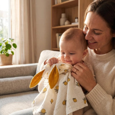 Doudou bebe enfant heureux sur les genoux de maman qui sourit elle aussi dans le salon