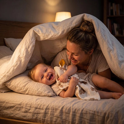 Doudou bébé est couché sur le dos tient sa doudou tendrement sur lui il est avec maman et ils rient sous la couette en imitant le camping dans le lit