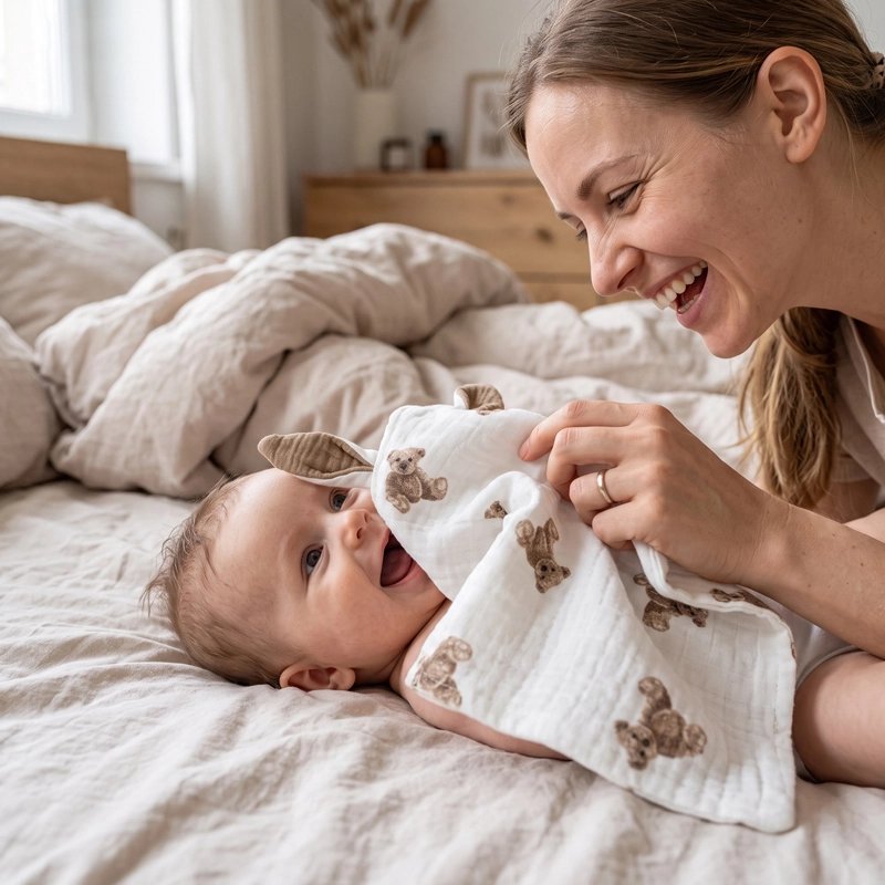 Doudou bébé sens le tissus doux de son doudou maman le caresse avec la doudou avec des dessins d'oursons