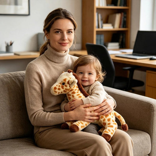 Peluche girafe avec maman assie sur le divan brun habillé dans les mêmes tons tien bébé garçon qui tient sa girafe contre lui il sourit fièrement