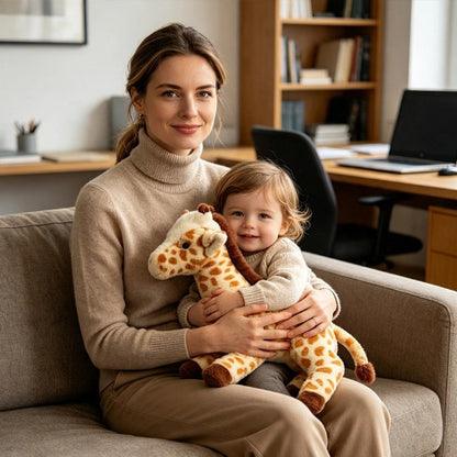 Peluche girafe avec maman assie sur le divan brun habillé dans les mêmes tons tien bébé garçon qui tient sa girafe contre lui il sourit fièrement