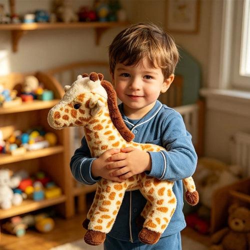 Peluche girafe petit garçon aux cheveux châtain qui tient peluche dans ses bras dans sa salle de jeu avec un sourire qui démontre de la tendresse