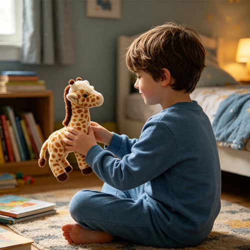 Peluche girafe tenu dans les mains d'un petit garçon qui est assis en indien sur son tapis de chambre près de son lit parmi d'autres jouets