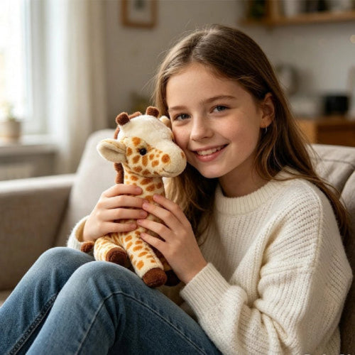 Peluche girafe tenue sur les genoux d'une une petite fille aux long cheveux châtain assise sur le divan dans le salon, elle sourit candidement