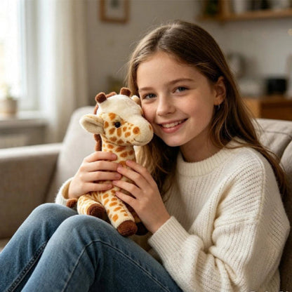 Peluche girafe tenue sur les genoux d'une une petite fille aux long cheveux châtain assise sur le divan dans le salon, elle sourit candidement